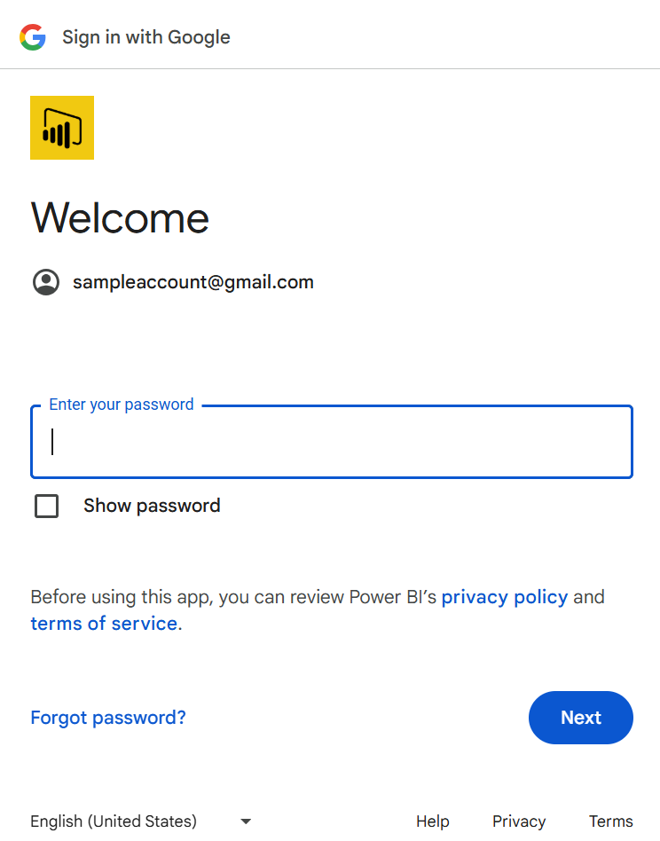 Captura de ecrã do diálogo onde introduz a sua palavra-passe no Power Query Online.