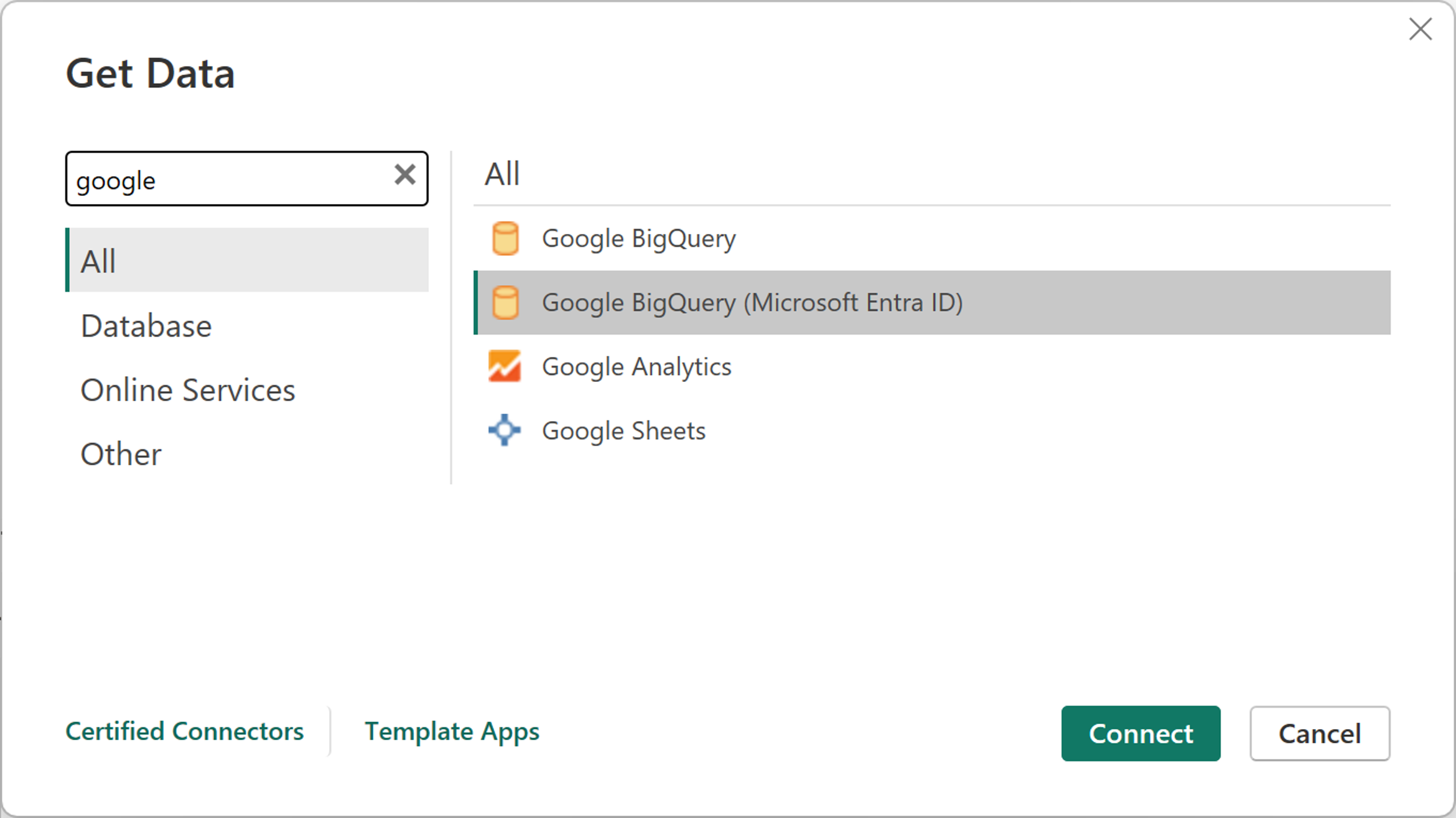 Captura de tela com a caixa de diálogo Obter dados, com ênfase no conector do Google BigQuery (Microsoft Entra ID).