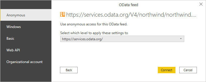 Captura de tela da caixa de diálogo de autenticação onde você insere suas credenciais OData.