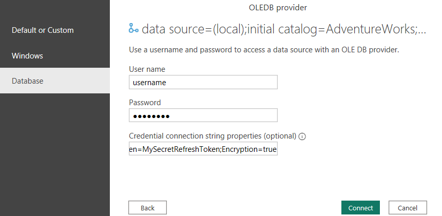 Captura de ecrã do diálogo OLE DB, mostrando nome de utilizador, palavra-passe e propriedades opcionais de connection string introduzidas.