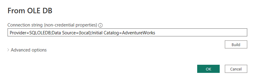 Captura de ecrã do diálogo OLE DB, mostrando a cadeia de conexão introduzida como Provider=SQLOLEDB; Fonte de dados=(local); InitialCatalog=Adventureworks.