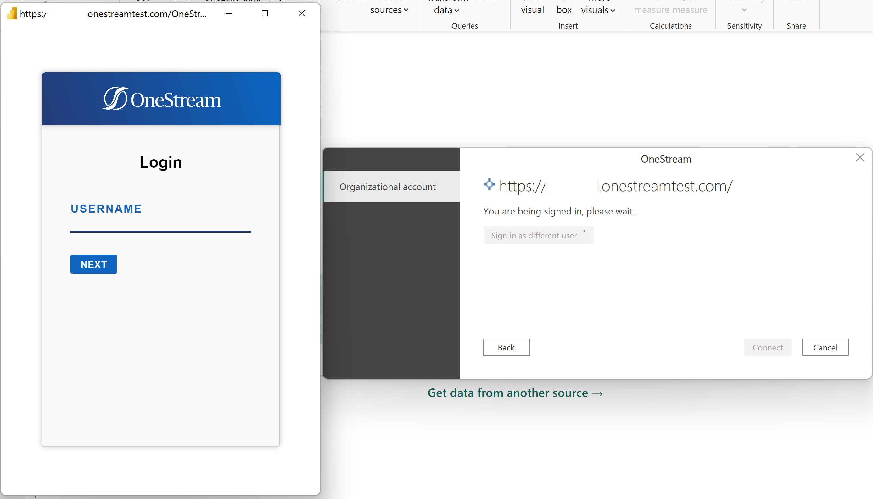 Captura de tela da caixa de diálogo de autenticação com a caixa de diálogo de login do OneStream exibida.