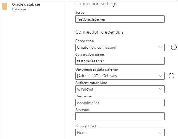 Insira a conexão on-line do banco de dados Oracle.