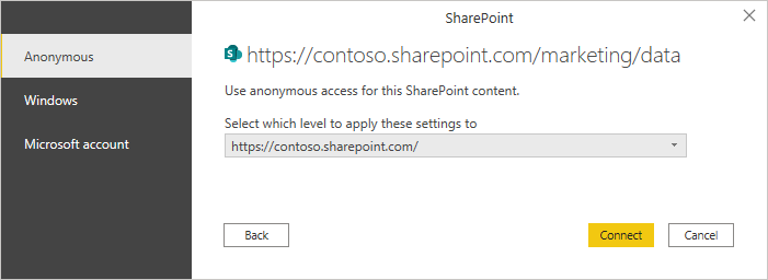 Autenticação da área de trabalho da pasta do SharePoint.