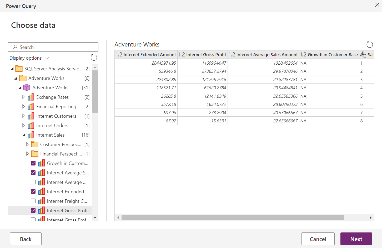 Power Query Online Navigator mostrando alguns dados das Perspetivas Financeiras.