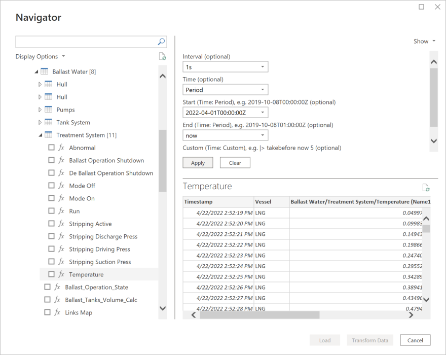 Parâmetros de entrada opcionais para Vessel Insight Data.