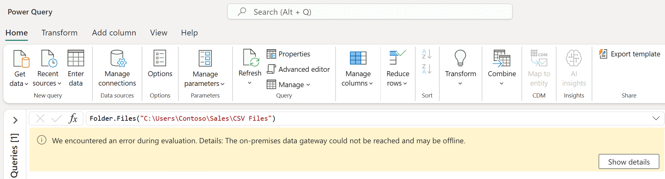 Captura de ecrã de uma consulta com uma mensagem de erro relacionada com o facto de o gateway de dados estar inacessível ou offline.