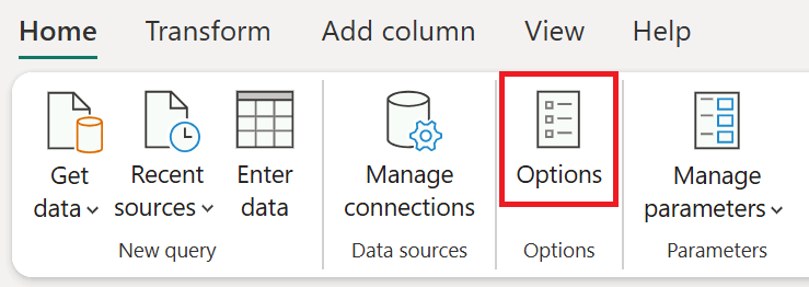 Captura de ecrã do ícone de Opções e seleção no separador Power Query Home.