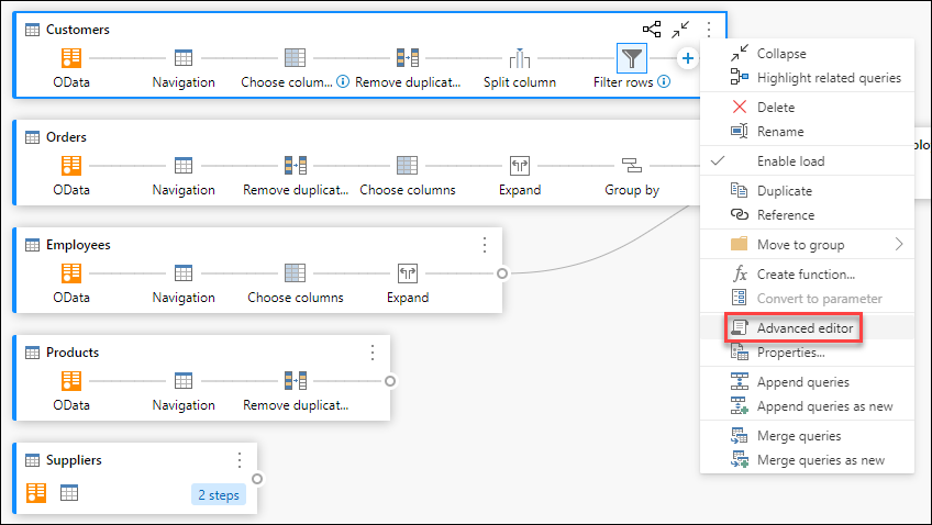 Opção de editor avançado dentro do menu contextual da consulta.