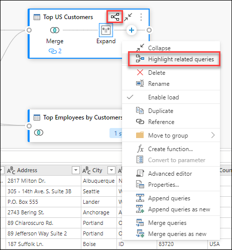 Realce os botões de consultas relacionadas na parte superior da consulta Principais clientes dos EUA e dentro do menu de contexto.