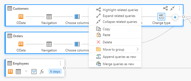 No modo de exibição de diagrama, três consultas realçadas em azul claro significam que foram selecionadas várias vezes, com um menu de contexto em uma caixa vermelha exibindo operações diferentes.