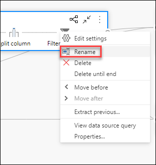 Opção Renomear dentro do menu contextual de nível de etapa depois de clicar com o botão direito do mouse em uma etapa.