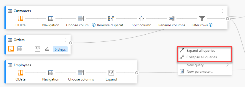 Menu contextual depois de clicar com o botão direito do mouse em qualquer espaço vazio no painel de exibição de diagrama que mostra as opções Expandir tudo e recolher todas as consultas.