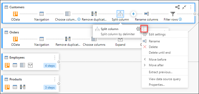 Menu contextual de ações de nível de etapa exibido depois de selecionar o botão de reticências.