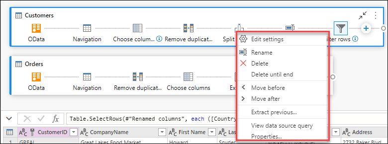 Ações de nível de etapa exibidas no menu contextual depois de clicar com o botão direito do mouse em uma etapa.