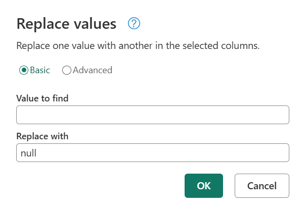 Captura de ecrã da caixa de diálogo Substituir valores com nulo introduzido na caixa Substituir com.