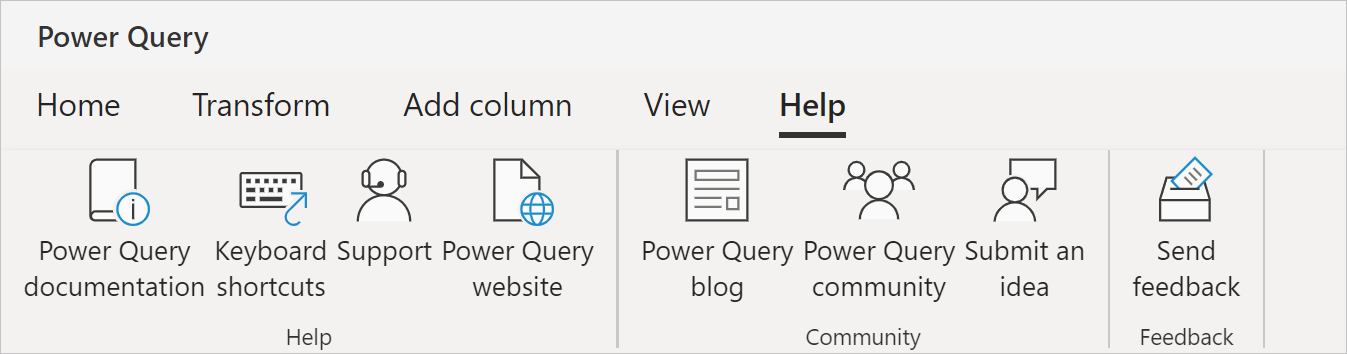 Captura de ecrã do separador de ajuda com a documentação do Power Query, onde estão apresentadas todas as opções de suporte, comunidade e feedback.