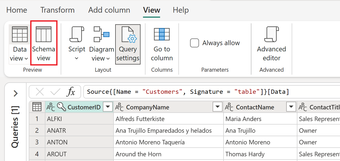 Captura de ecrã a enfatizar o botão Esquema localizado no separador Ver no friso do Power Query.