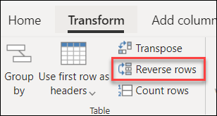 Comando de inversão de linhas no separador Transformar.