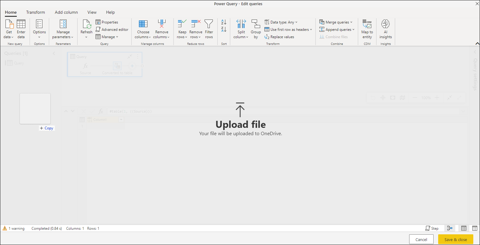 Ficheiro a ser eliminado na vista de diagrama do editor do Power Query, juntamente com a mensagem Carregar ficheiro.