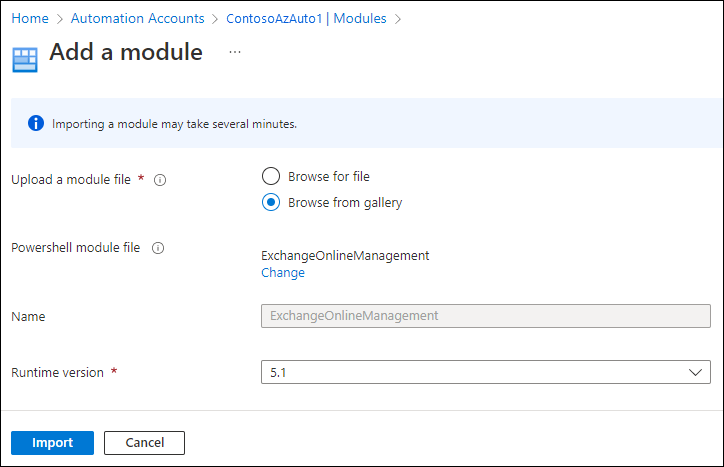 Captura de ecrã a mostrar a adição de um módulo a uma conta de Automatização no portal do Azure.