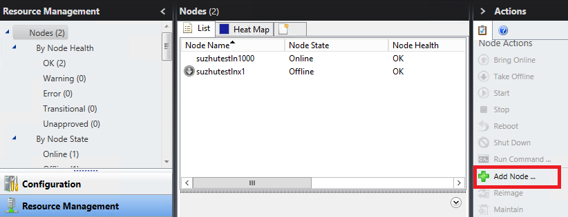 Screenshot shows the Resource Management page with Add Node highlighted.