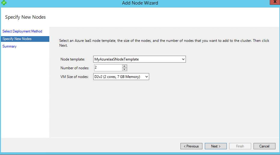 Screenshot shows the Specify New Nodes page where you can select a Node template, Number of Nodes, and V M Size of nodes.