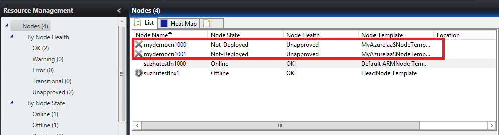 Screenshot shows the Resource Management page with two of the four nodes, which are not started, highlighted.