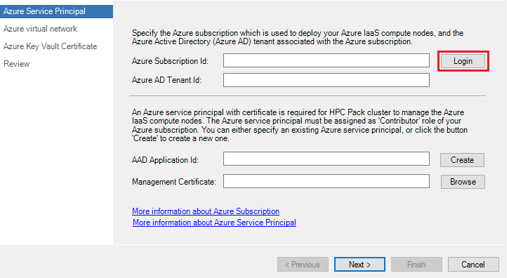 Screenshot shows the Azure Service Principal page where you can enter subscription and tenant I Ds with the Login button highlighted.