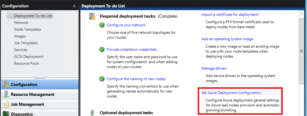 Screenshot shows the Configuration Deployment To do list with Set Azure Deployment Configuration highlighted.