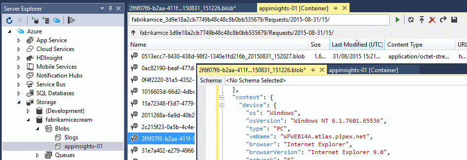 Captura de tela que mostra inspecionando a loja de blob com uma ferramenta adequada.