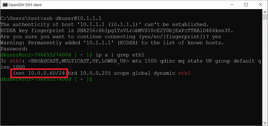 exemplo de identificação do IP de rede local no terminal SSH