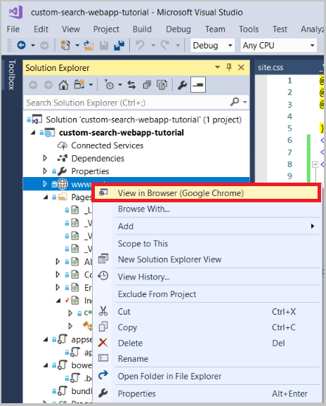 Captura de ecrã do Explorador de Soluções a selecionar Ver no Browser no menu de contexto wwwroot