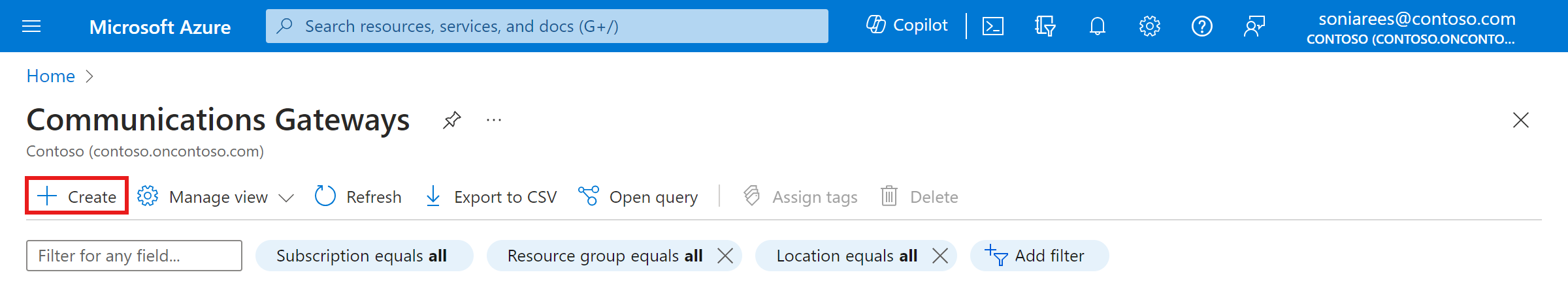 Captura de ecrã do portal Azure. Mostra o Azure Communications Gateway existente. Um botão Criar permite-lhe criar mais Gateways de Comunicações Azure.