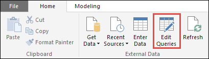 Captura de ecrã do friso Base com a opção Editar Consultas realçada.