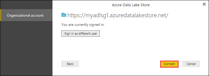 Captura de ecrã da caixa de diálogo Azure Data Lake Store com a opção Ligar realçada.