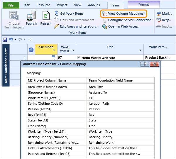 View which TFS fields are mapped to project fields