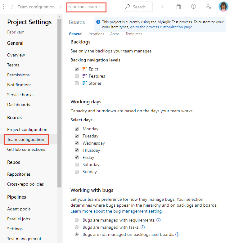 Team profile, choose Iterations and areas link