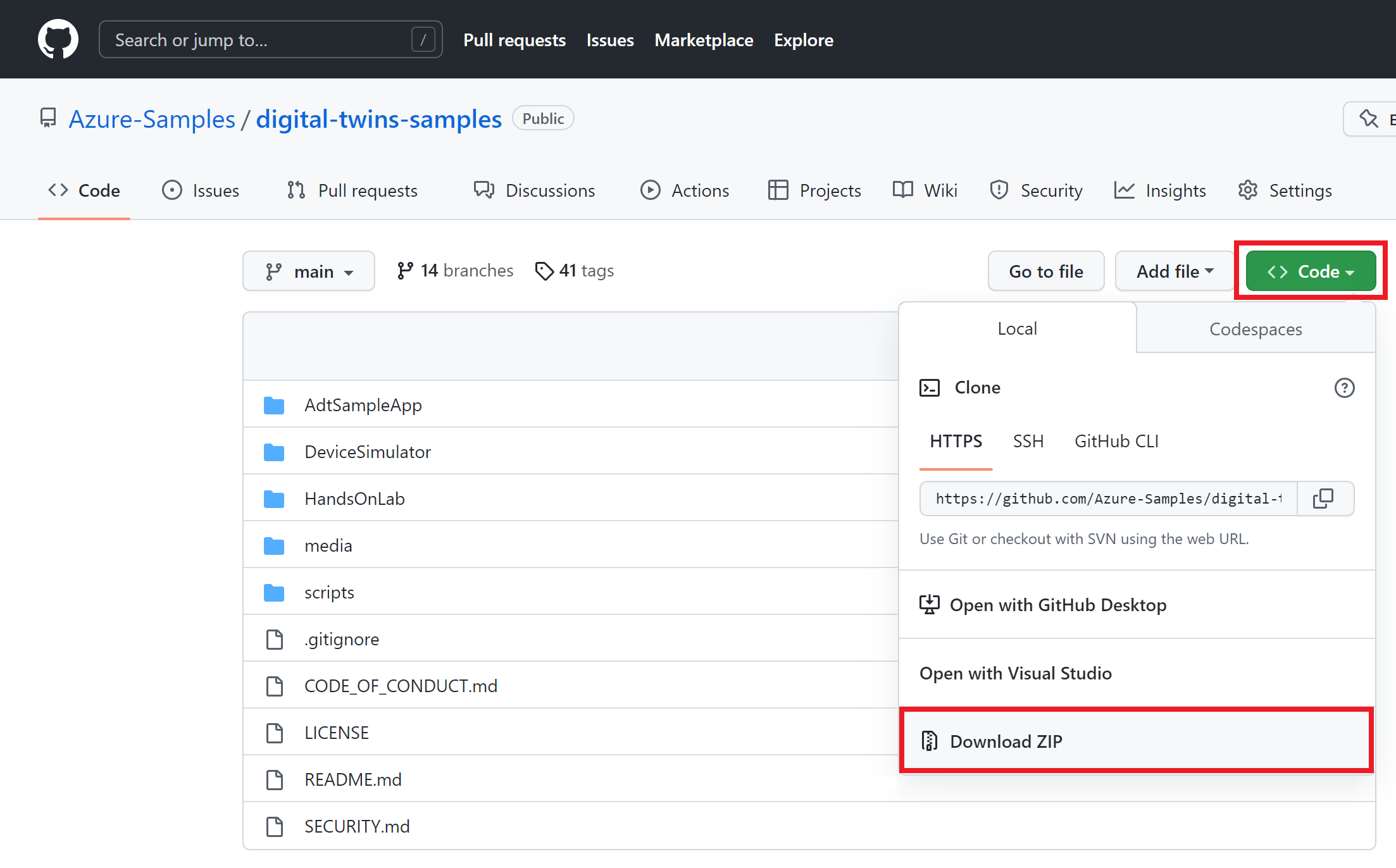 Captura de tela do repositório digital-twins-samples no GitHub e as etapas para baixá-lo como um zip.