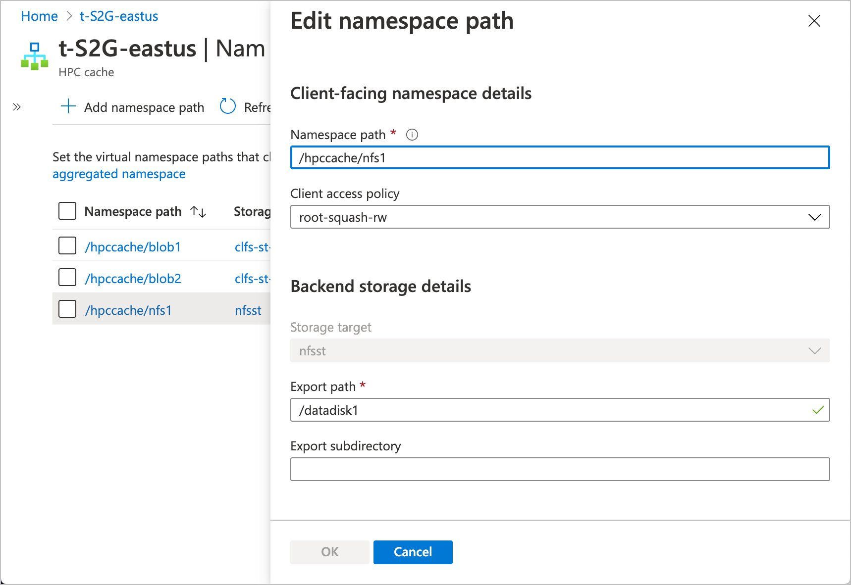 Captura de ecrã da página do espaço de nomes do portal com a página de edição aberta à direita. O formulário de edição mostra as definições para um caminho de namespace de alvo de armazenamento N F S.