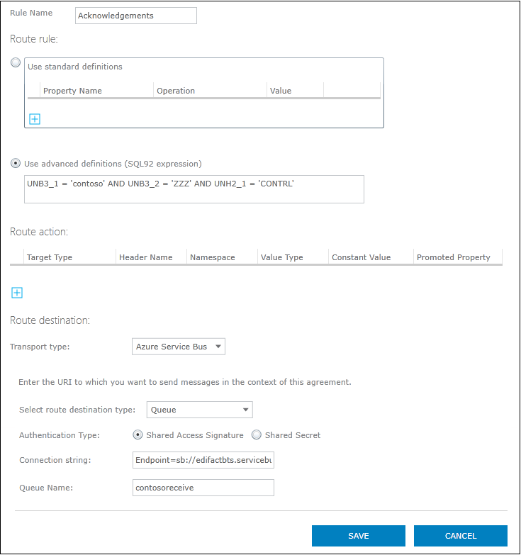 Set the route settings on the receive agreement