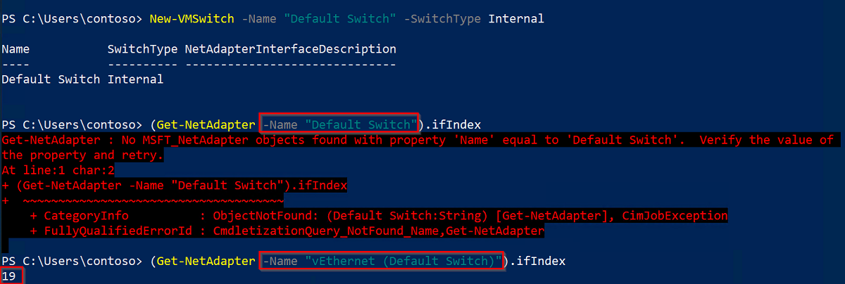 Captura de tela da saída da execução do comando Get-NetAdapter, destacando o valor do índice da interface.