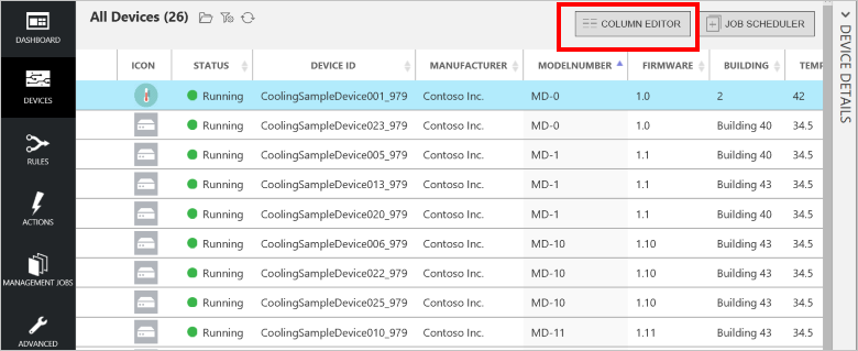 Editor de coluna na lista de dispositivos