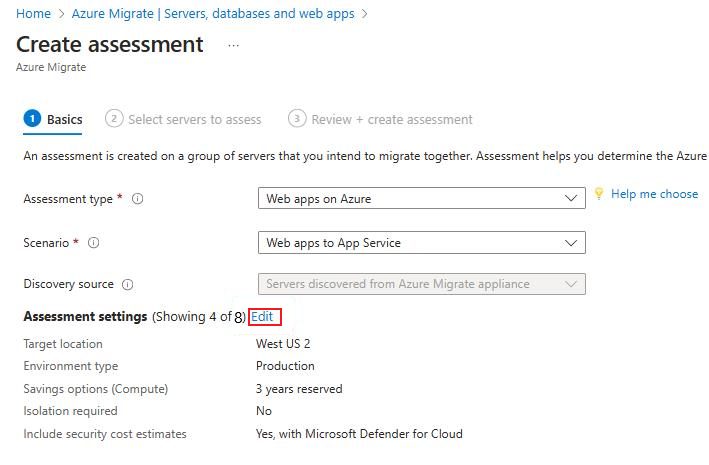 Captura de ecrã da página Create assessment para o Azure Migrate.