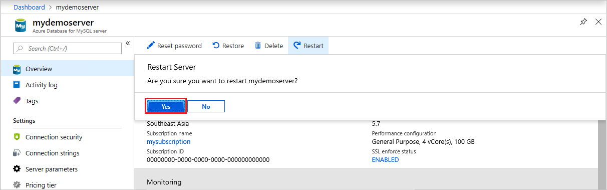 Banco de Dados do Azure para MySQL - Confirmar confirmação de reinicialização