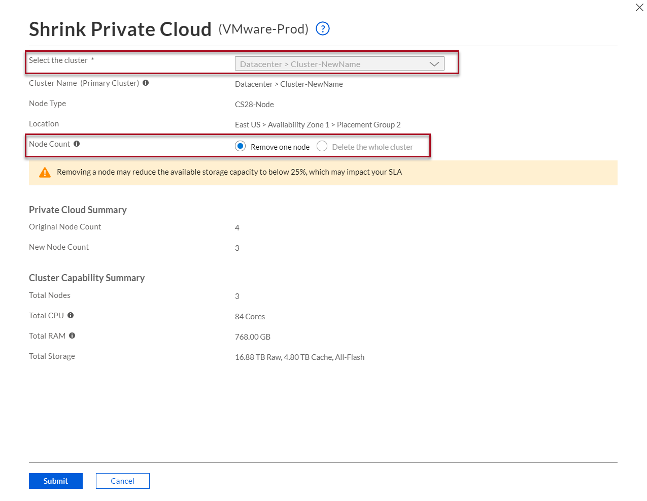 Reduzir a nuvem privada - selecione o cluster