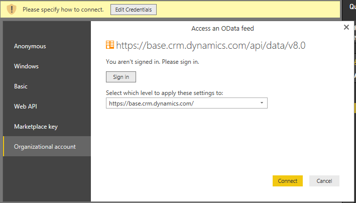 Access an OData Feed dialog Access an OData Feed dialog