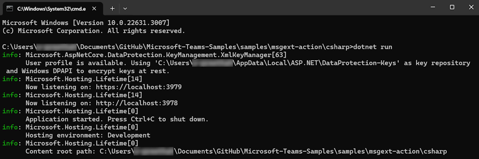 Captura de tela do prompt de comando dotnet run com o dotnet run command.