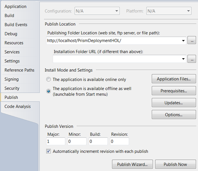 ClickOnce publish settings