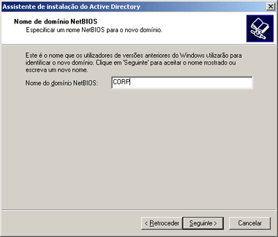 Instalação do Active Directory, nome de domínio NetBIOS